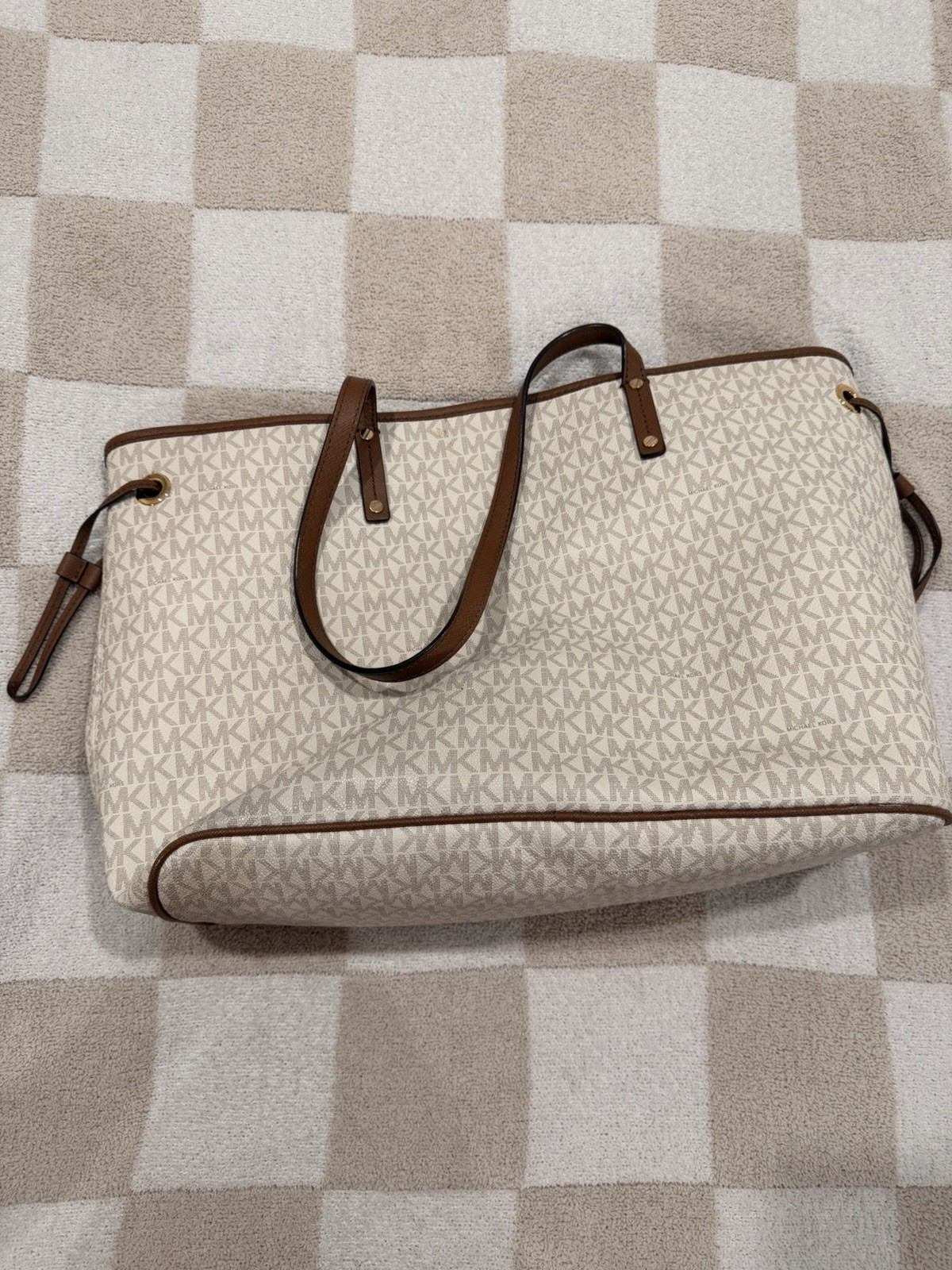 Michael Kors Jet Set Logo Large Tote Shoulder Bag Beige/Brown Gold Hardware