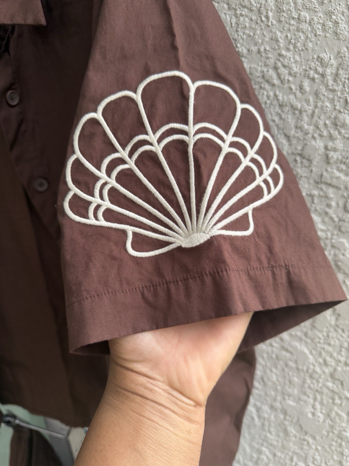 Paper Heart Brown Embroidered Button-Up Shirt & Shorts Set L Elastic Waist