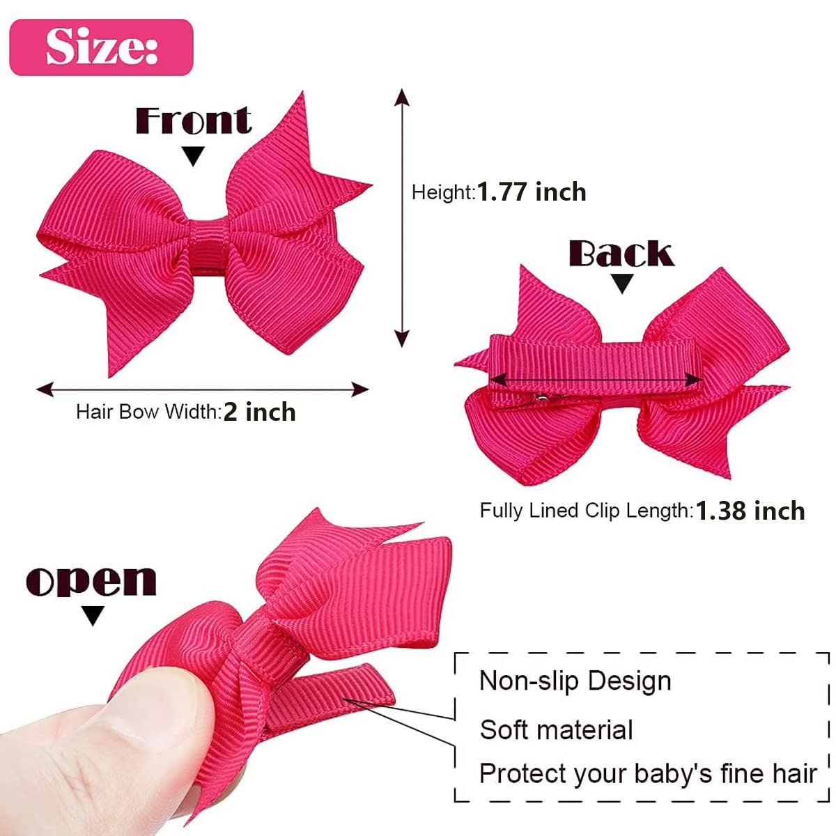 2″ Baby Hair Clips Fully Lined Bows Tiny Alligator Clips for Infants and Toddler