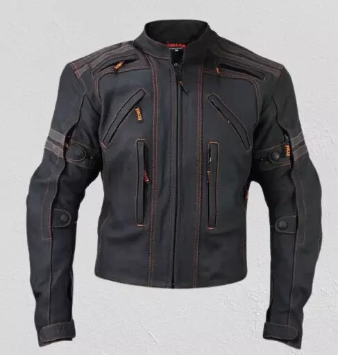 Black Leather Motorcycle Racer Jacket with padded arms, full zipper style biker