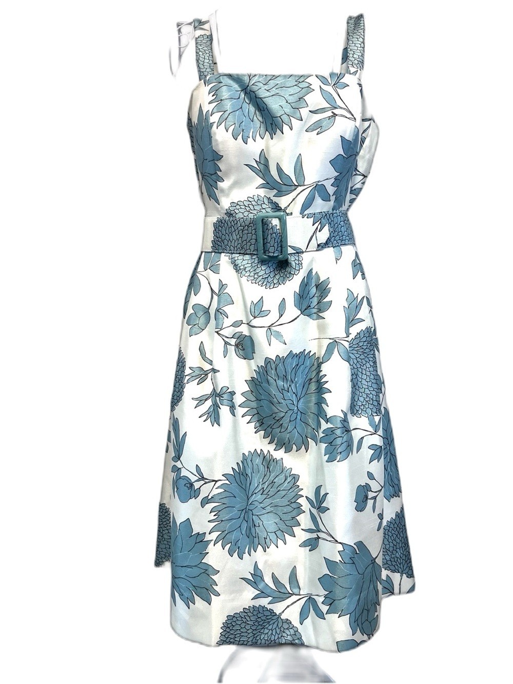 Jessica Howard White Blue Floral Midi Dress with Belted Waist SZ 6