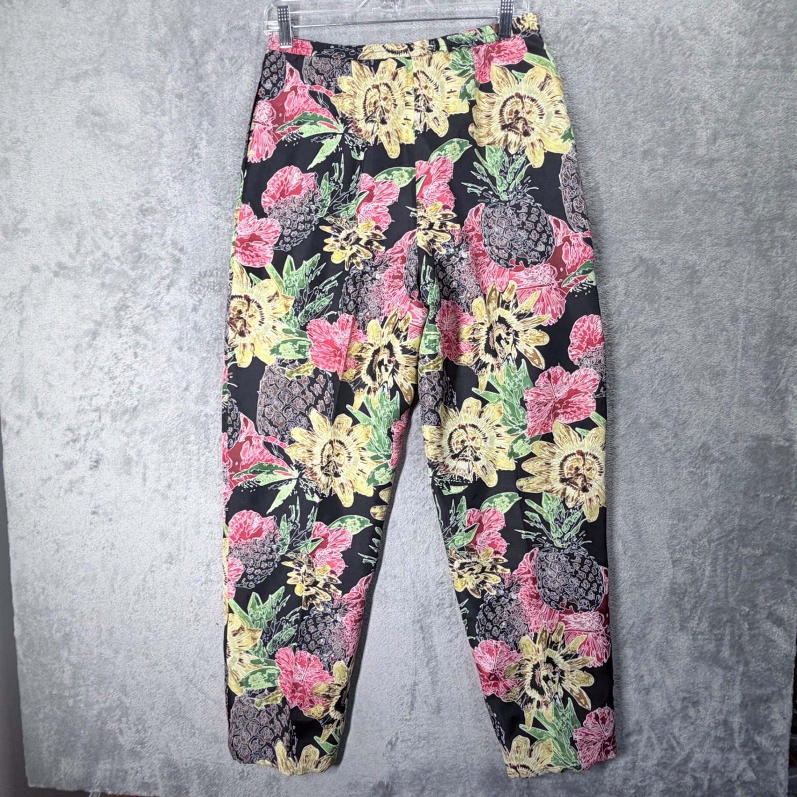 Silk Collection by Harve Benard Pants Womens 8 Black Floral Pineapple Silk 90s