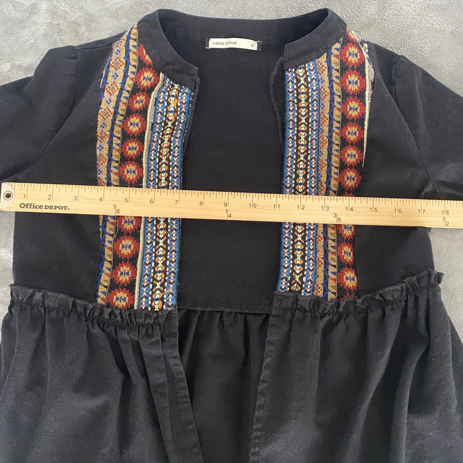 Catch Stitch Jacket Womens Medium Black Embroidered Lantern Sleeve Boho