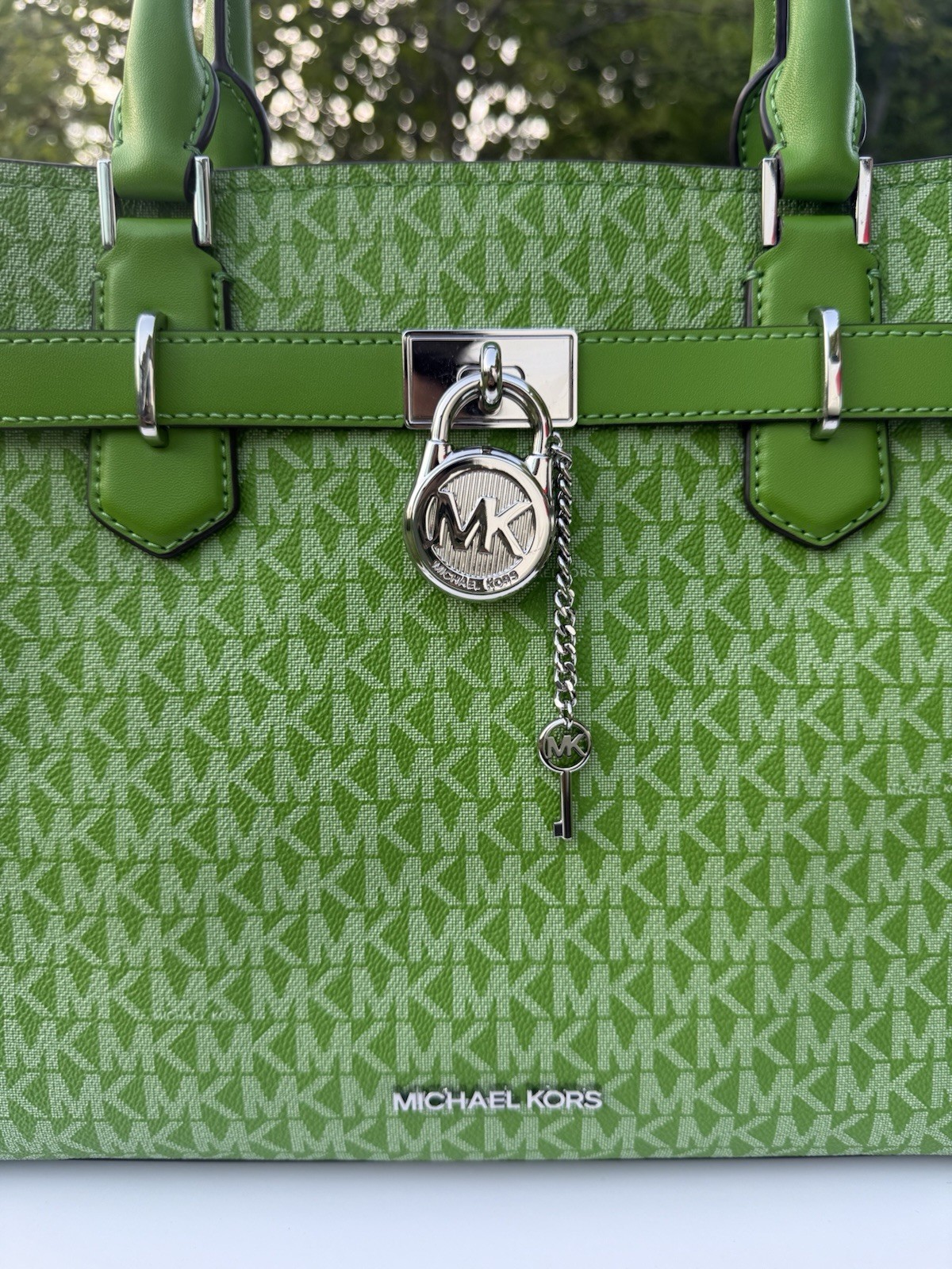 Michael Kors Medium Hamilton Satchel MK Logo Leather Jungle Green Crossbody