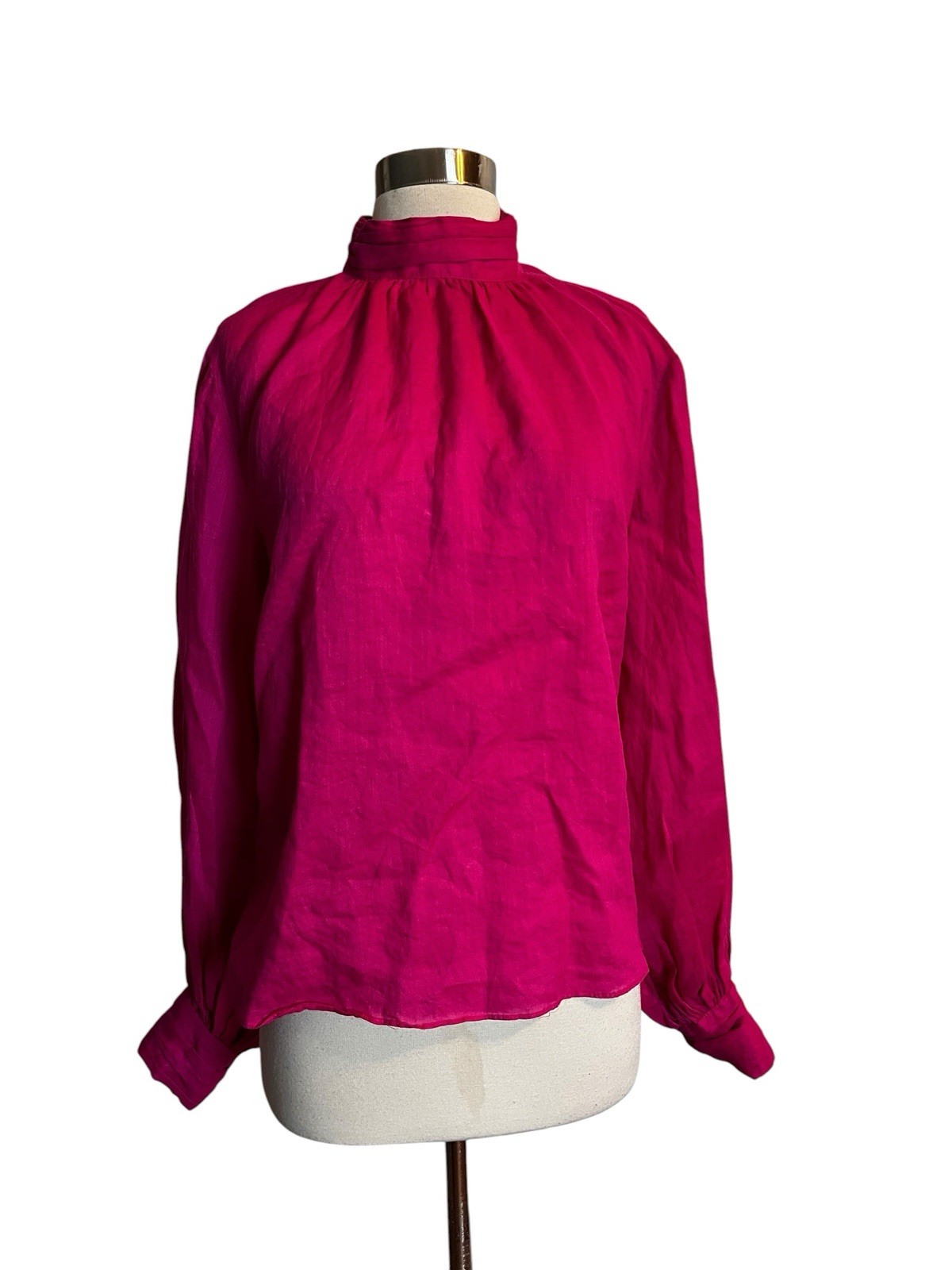 A Loves A Top M Pink Long Sleeve Mock Neck 100% Ramie Back Buttons