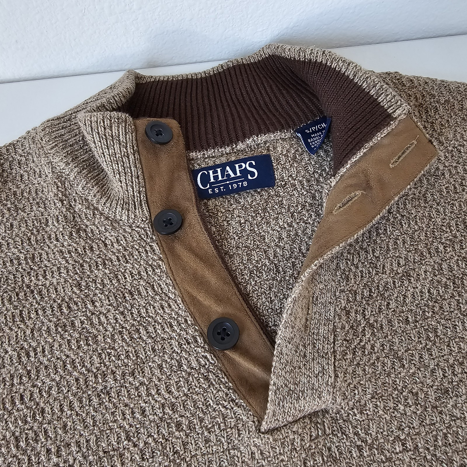 Chaps Mens Cardigan Sweater Cotton 3 Buttons Henley Elbow Pads Size Small Tan