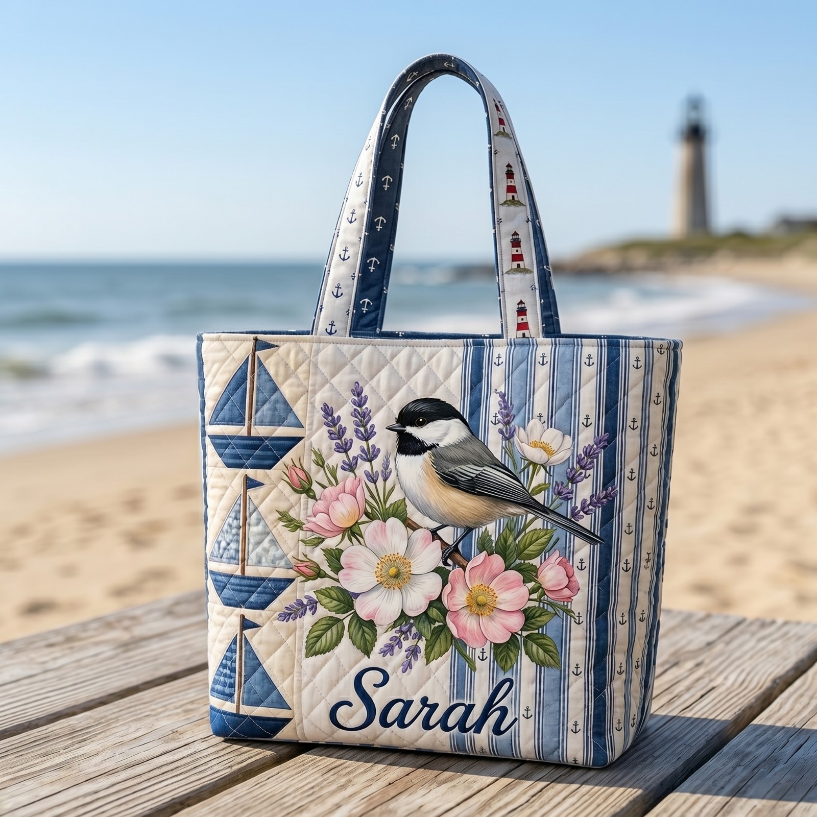 Personalized Flower Bird Quilted Tote Bag Floral Printed Canvas Shoulder Bag
