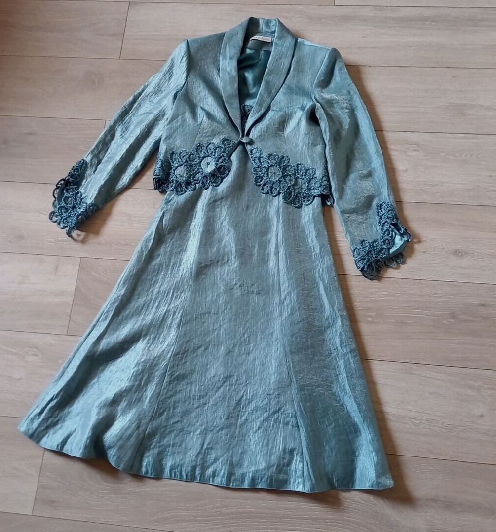 Gina Bacconi Duck Egg Dress & Jacket Faux Silk Embellished Wedding Occasion UK8