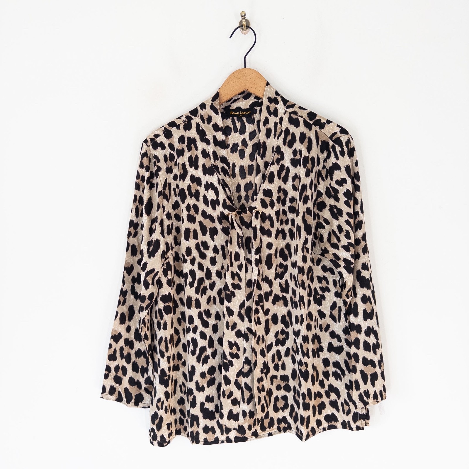 Frank Usher Leopard Print Blouse Size L/XL Beige Tie Neck Long Sleeve