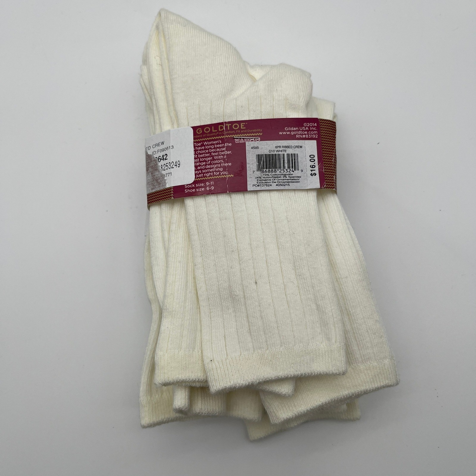 Goldtoe Socks Womens 9-11 White Ribbed Crew 4 Pairs Cotton Blend 4585