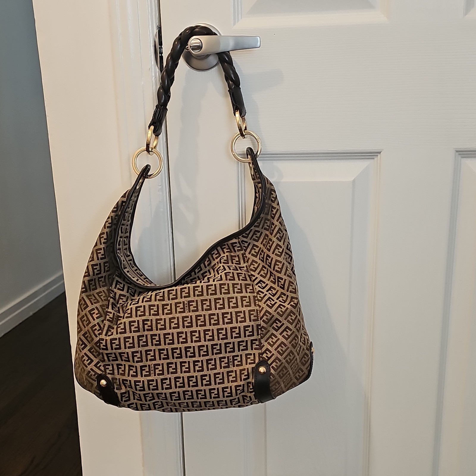 Fendi Zucca FF Logo Shoulder Bag, Zip Closure, Braided Strap, Gold Hardware
