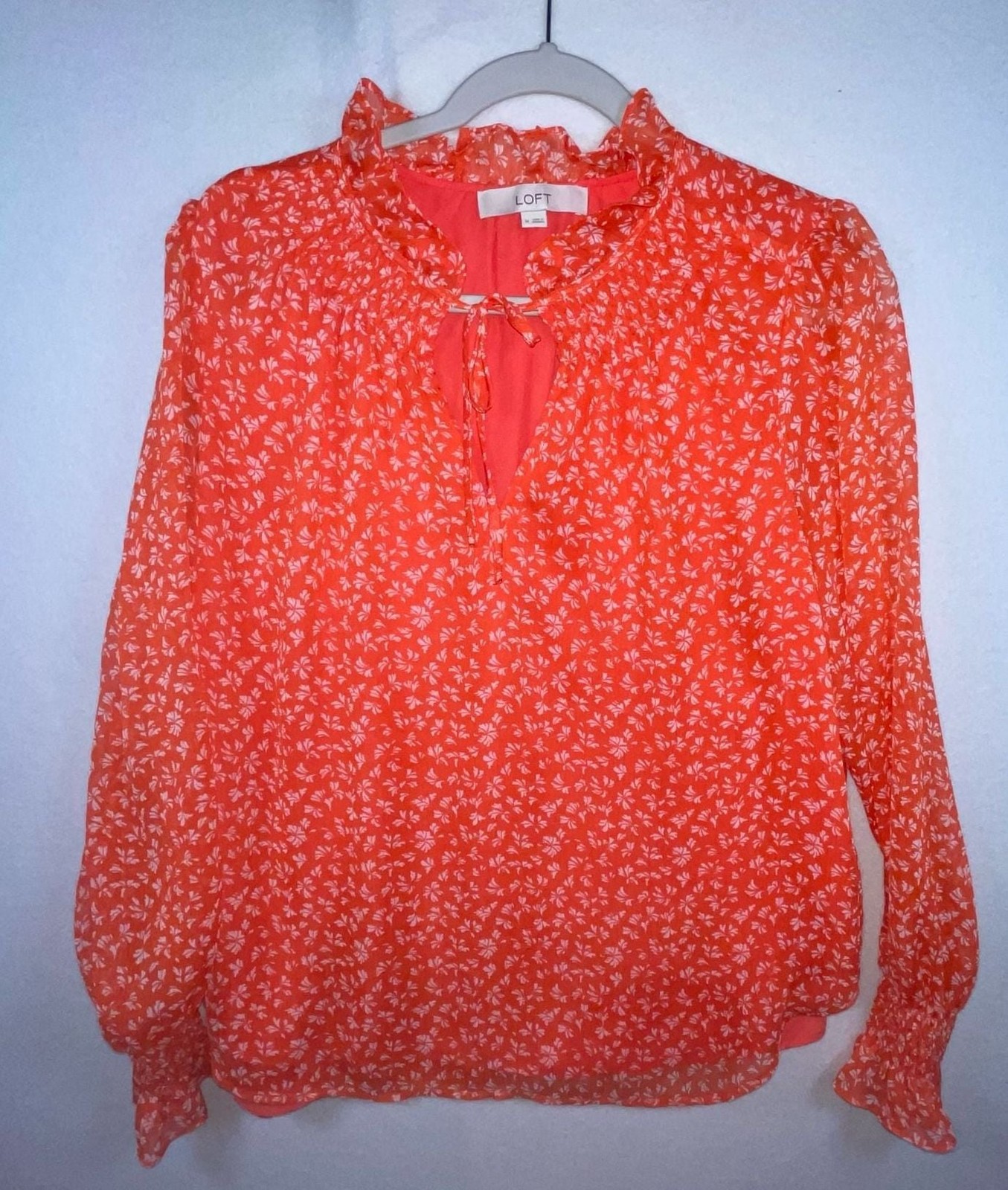 LOFT Orange Floral Ruffle Neck Tie Front Blouse Size M