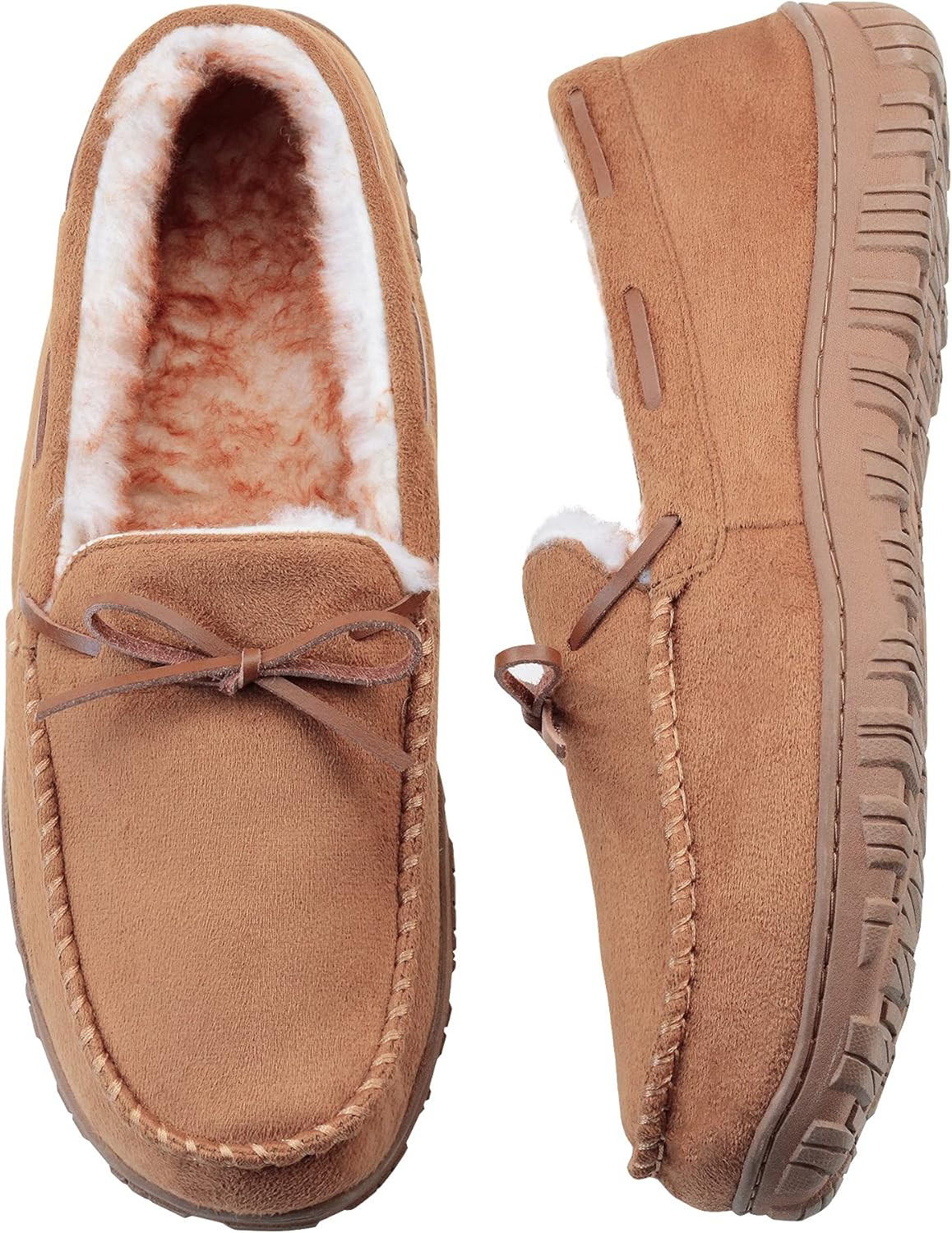 Mens Moccasin Slippers with Memory Foam Arch Support, Non Slip Rubber Sole House