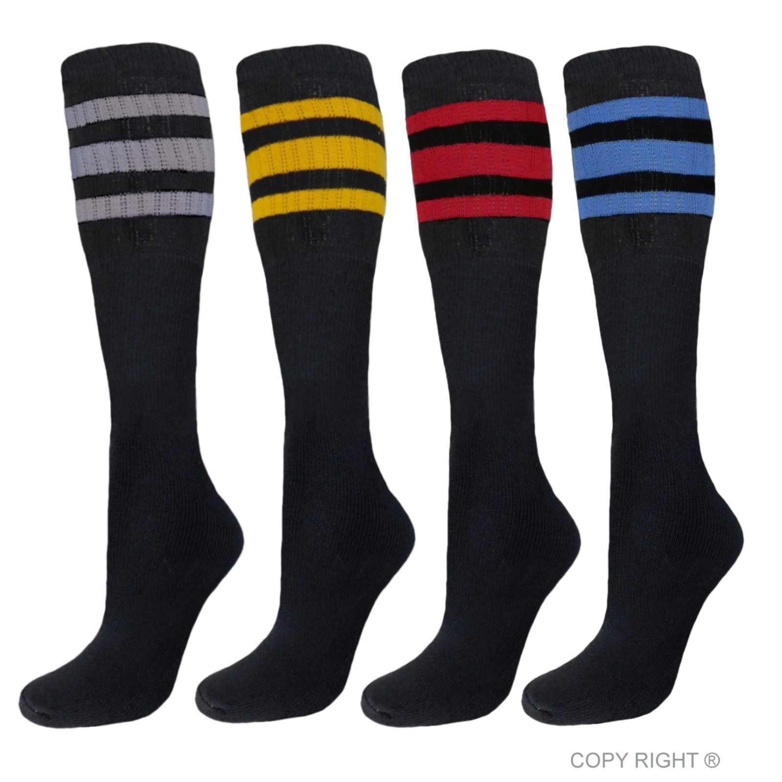 4PK TUBE SOCKS COTTON 22 INCHES OLD SCHOOL SOCKS BLACK ASSORTED STRIPED COLORS