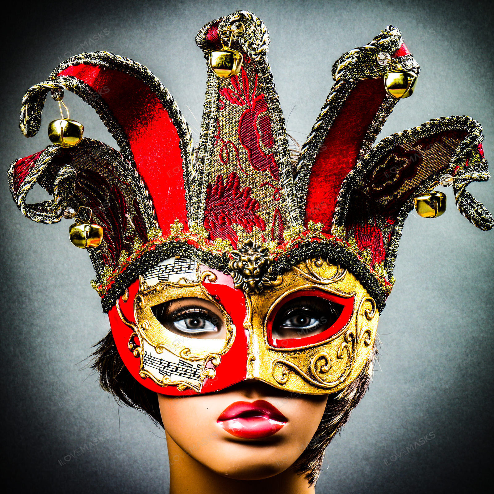 Jester Joker Venetian Musical Eye Mask with Bells – Gold Red Halloween Eye Mask