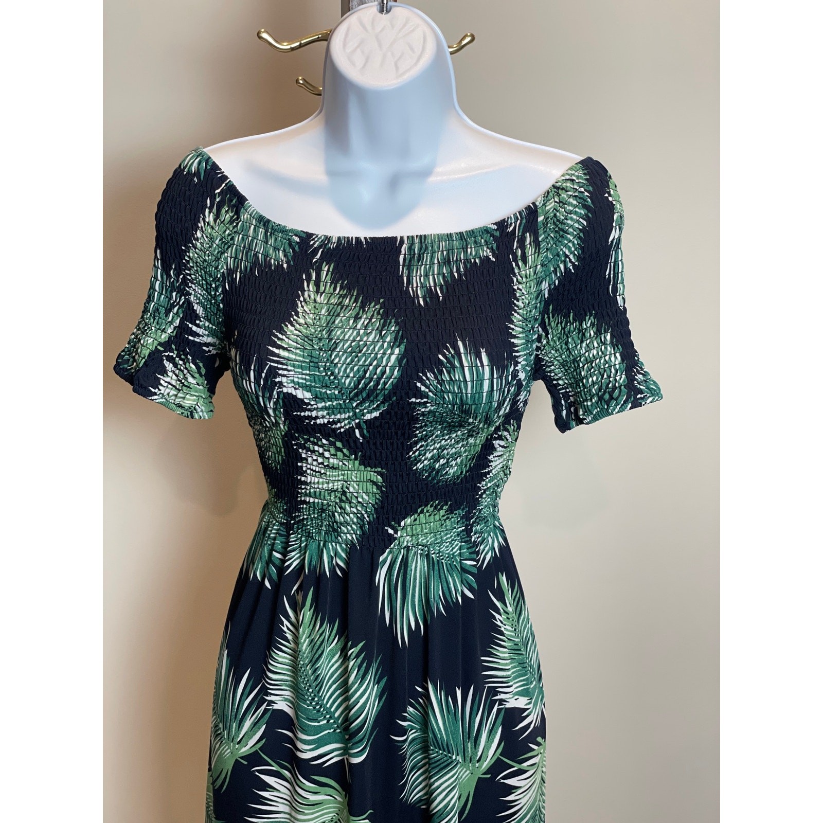 Seven Islands Size L Navy Blue Maxi Dress Green Tropical Leaf Print Short Sleeve