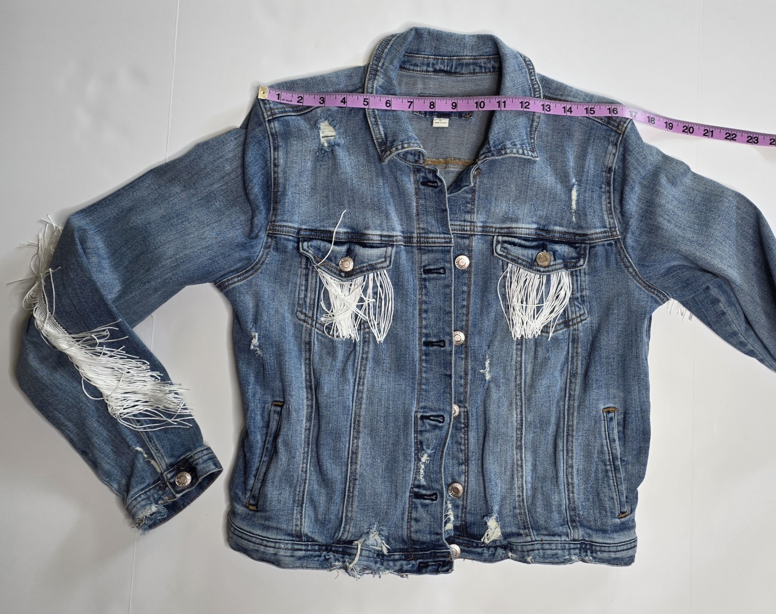 Distressed Fringe Denim Jacket L Y2K Boho Western Statement Cowgirl Vibes Rodeo