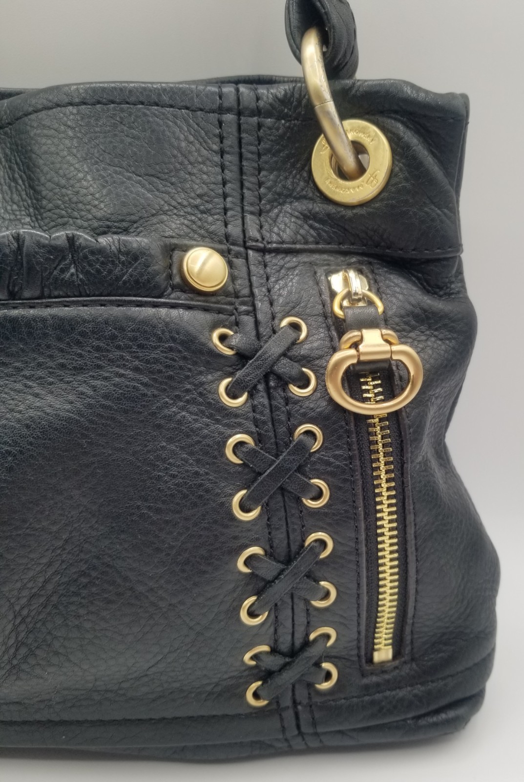 B Makowsky Black Pebble Leather Hobo Bag Gold Hardware Corset Lace Up, Side Zips