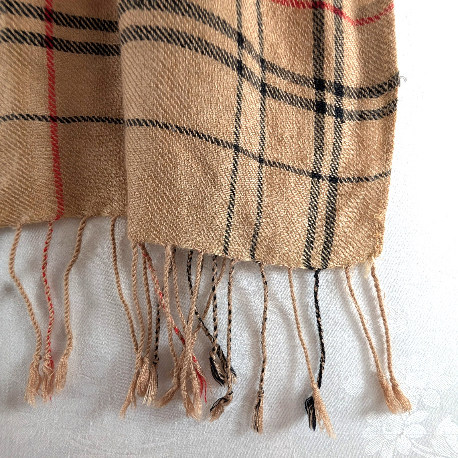 Cashmere Silk Plaid Scarf Wrap Fringe Tan Beige Black Red Oblong 76 x 28 in