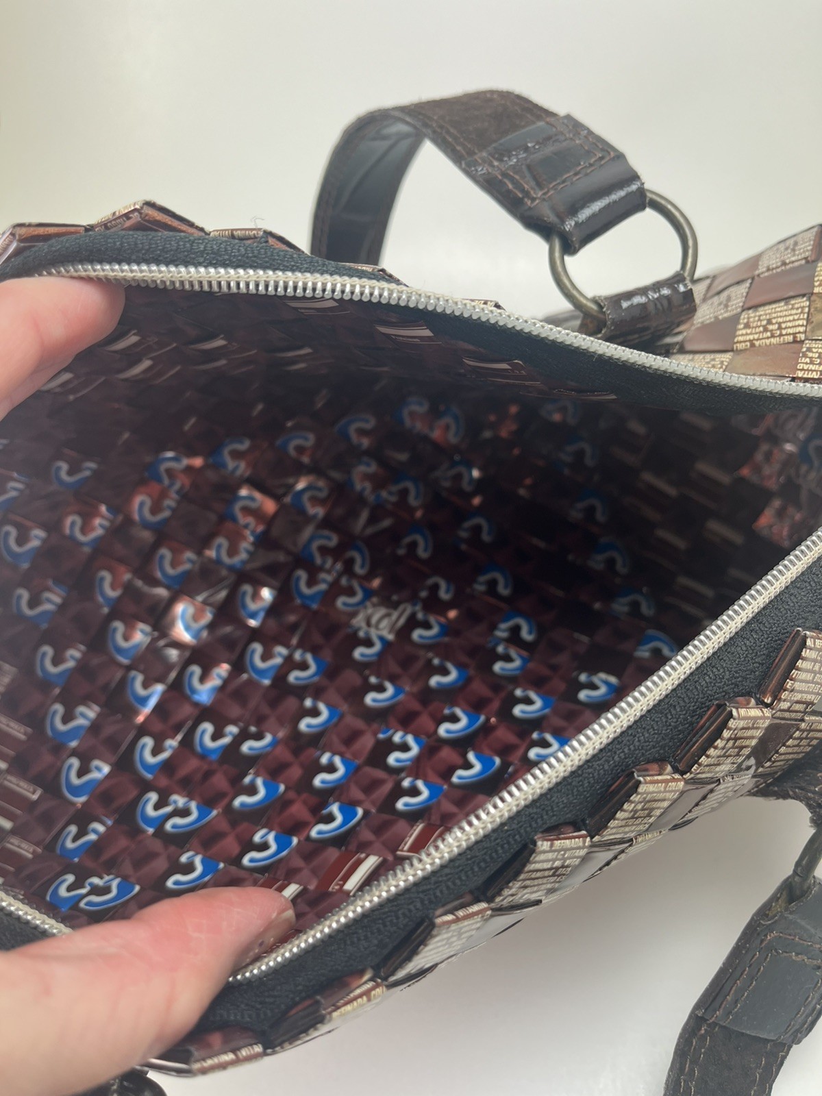 Nahui Ollin candy wrapper purse, mini-duffle shape