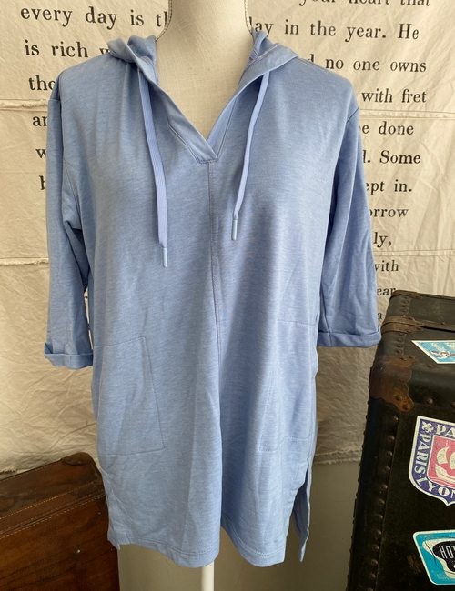 Susan Graver SG Sport Sky Blue Petite Drop-Shoulder Hooded Tunic Top New