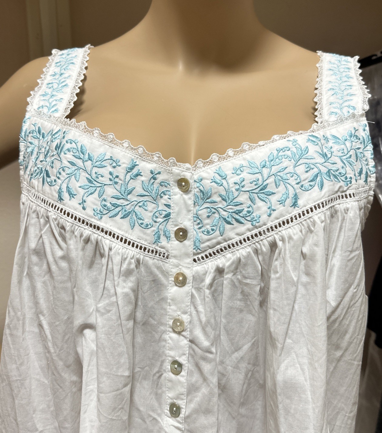 Eileen west nightgown Large 100% Cotton lawn Aqua Blue Embroidery Gorgeous.