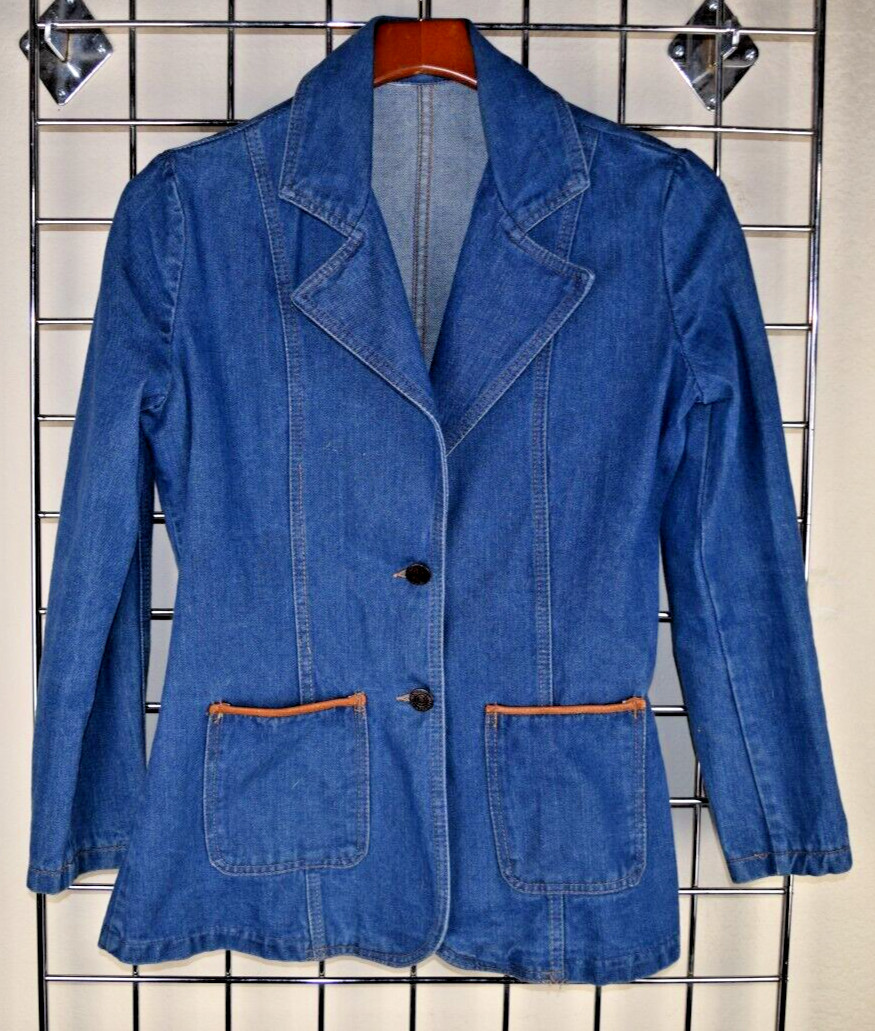 Denim Jacket VTG 70s French Militaires Equipements Leather Trim Fitted Sz S/M