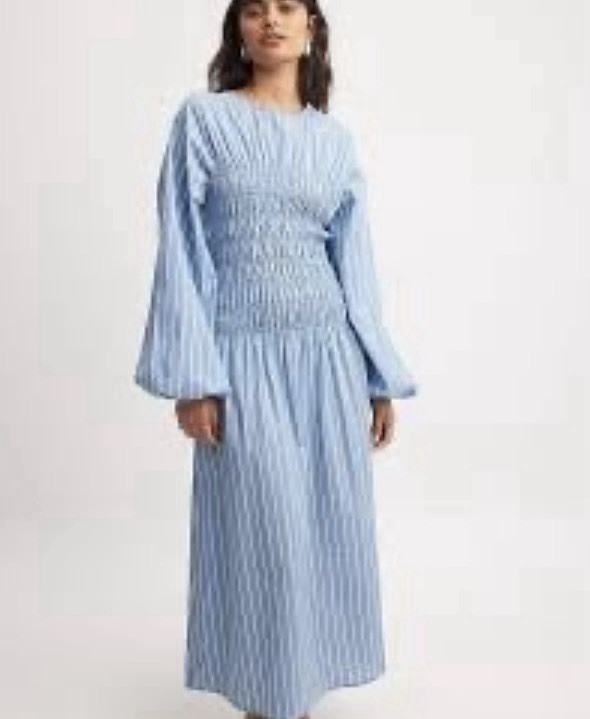 NA-KD x Rita Montezuma Cotton Smocked Detail Midi Dress in Blue Stripe