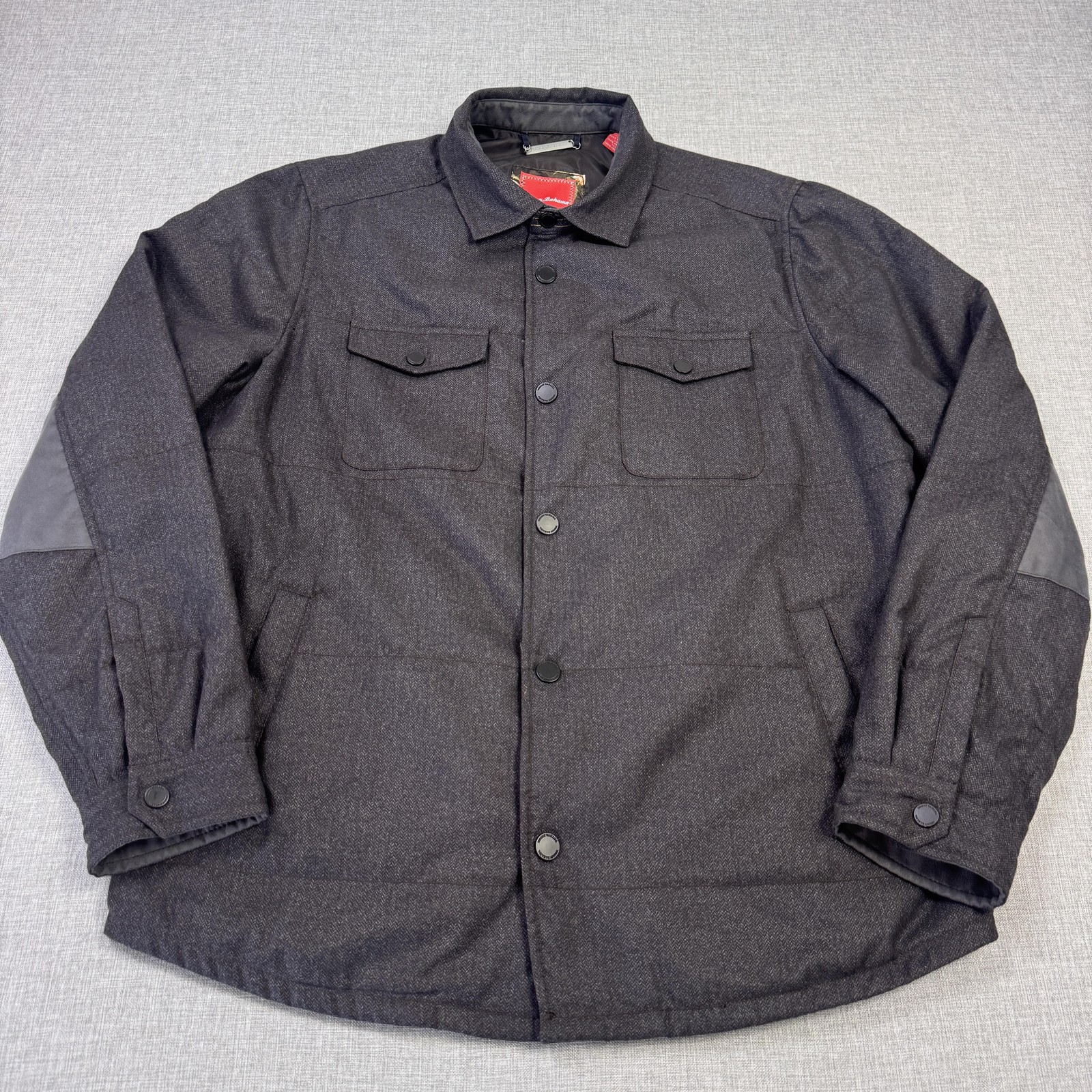 Tommy Bahama Quilted Jacket Mens Medium Gray Herringbone Tweed Insulated Lined