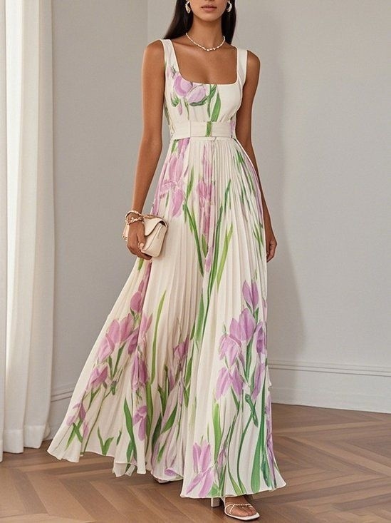 Sleeveless Formal Pleated Printed Dress Women A-Line Elegant Party Summer Midi