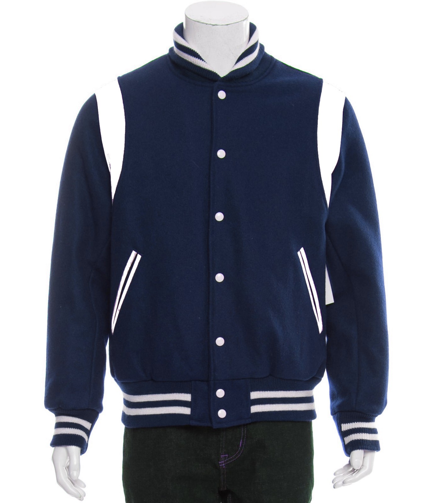 Varsity Letterman Navy Blue Jacket White Striped Shoulders For Men, Women & Kids