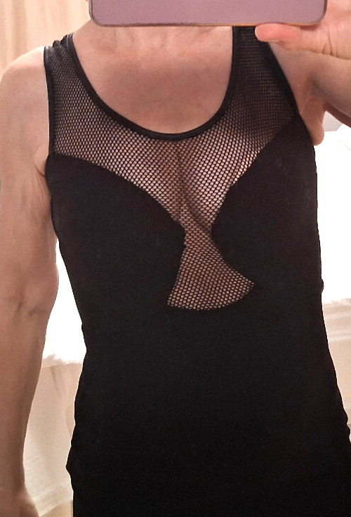 womens stretch little black dress with MESH and leather rim