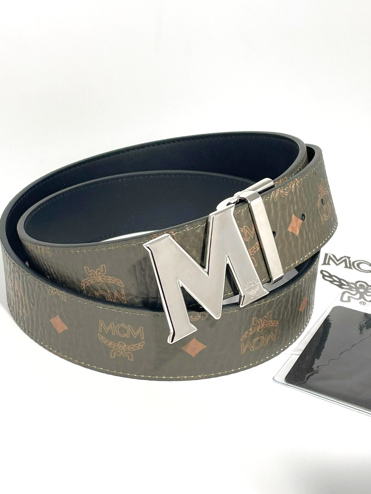 Authentic MCM men’s belt reversible black army green leather belt silver buckle