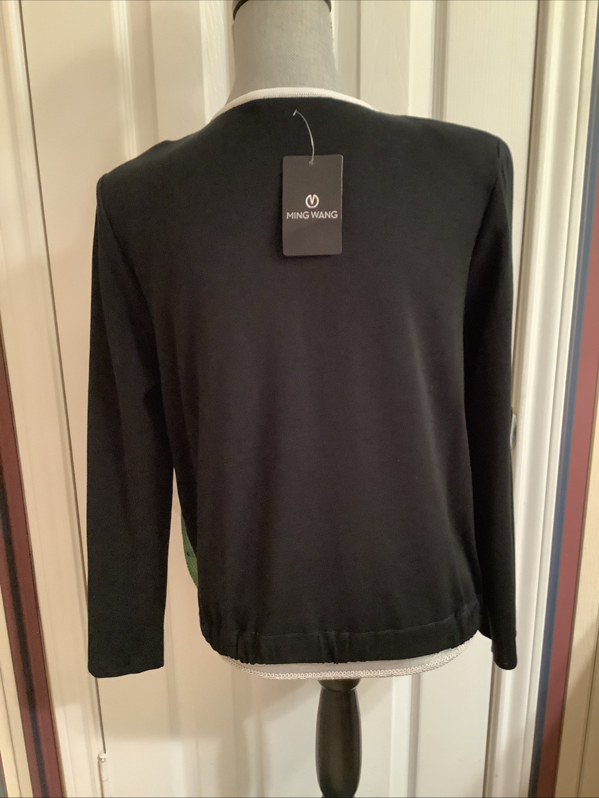 MING WANG Small Green Black Full Zip KNIT JACKET Long Sleeve Elastic NWT