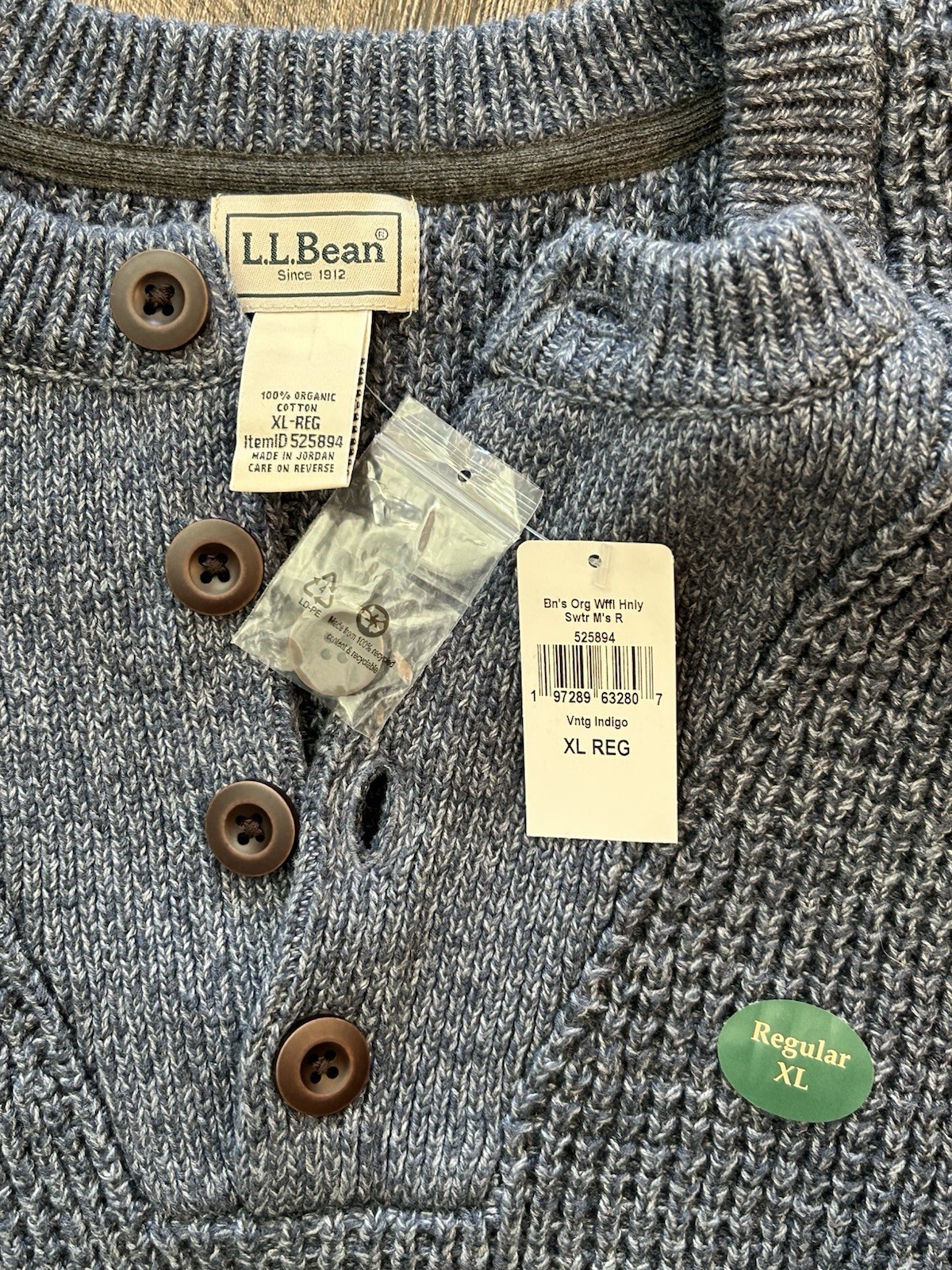 LL Bean Fisherman Sweater Mens XL Reg Henley, Blue 100% Organic Cotton Button