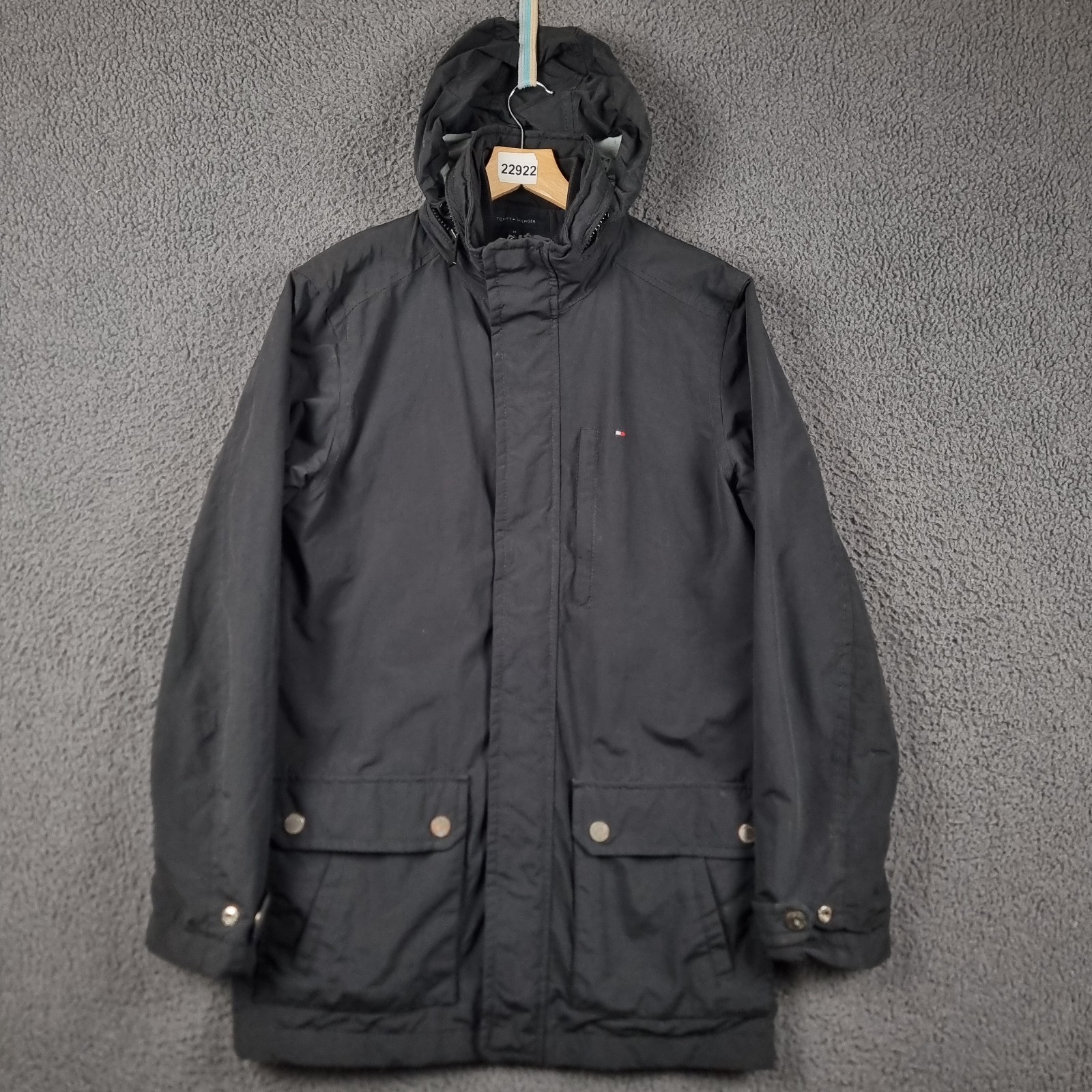 TOMMY HILFIGER Jacket Mens M Medium Black Parka Coat Hooded Insulated Lined