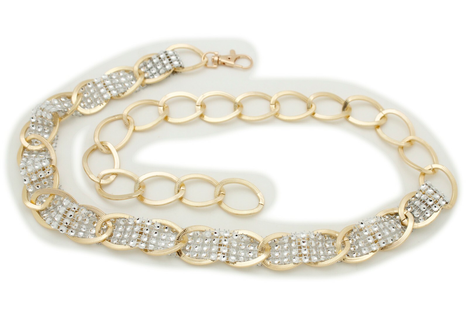 Women Gold Color Metal Chain Fashion Belt Silver Mesh Fabric Bling Beads XS S M
