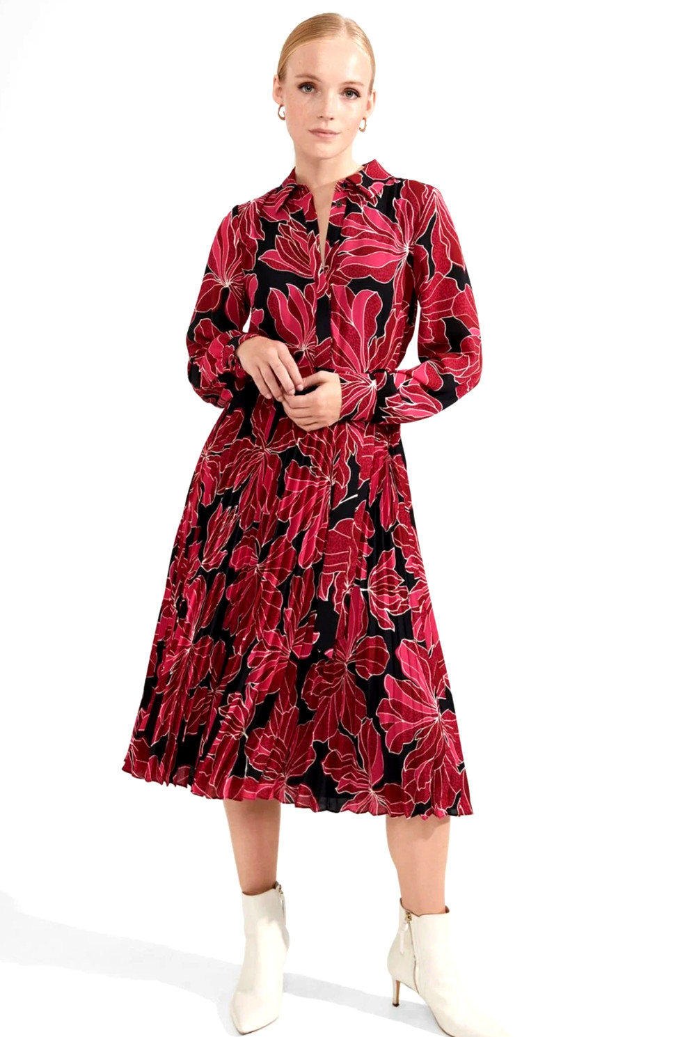 HOBBS LAURENZA RED BLACK PINK FLORAL PLEAT CHIFFON MIDI SHIRT DRESS 10 £169 NWOT