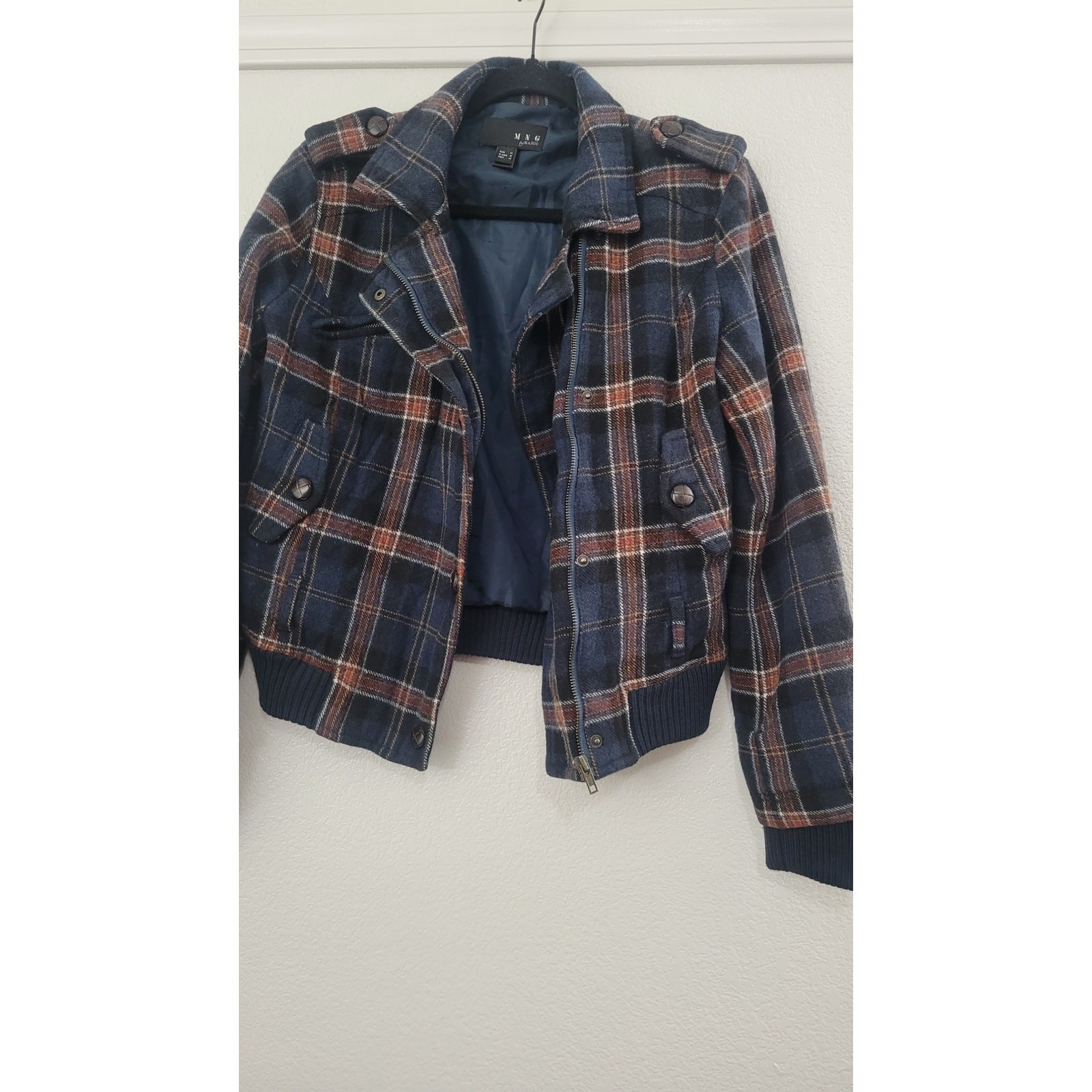 MNG by Mango Wool Blend Plaid Moto Jacket Women’s Small Blue Snap Zip Coat