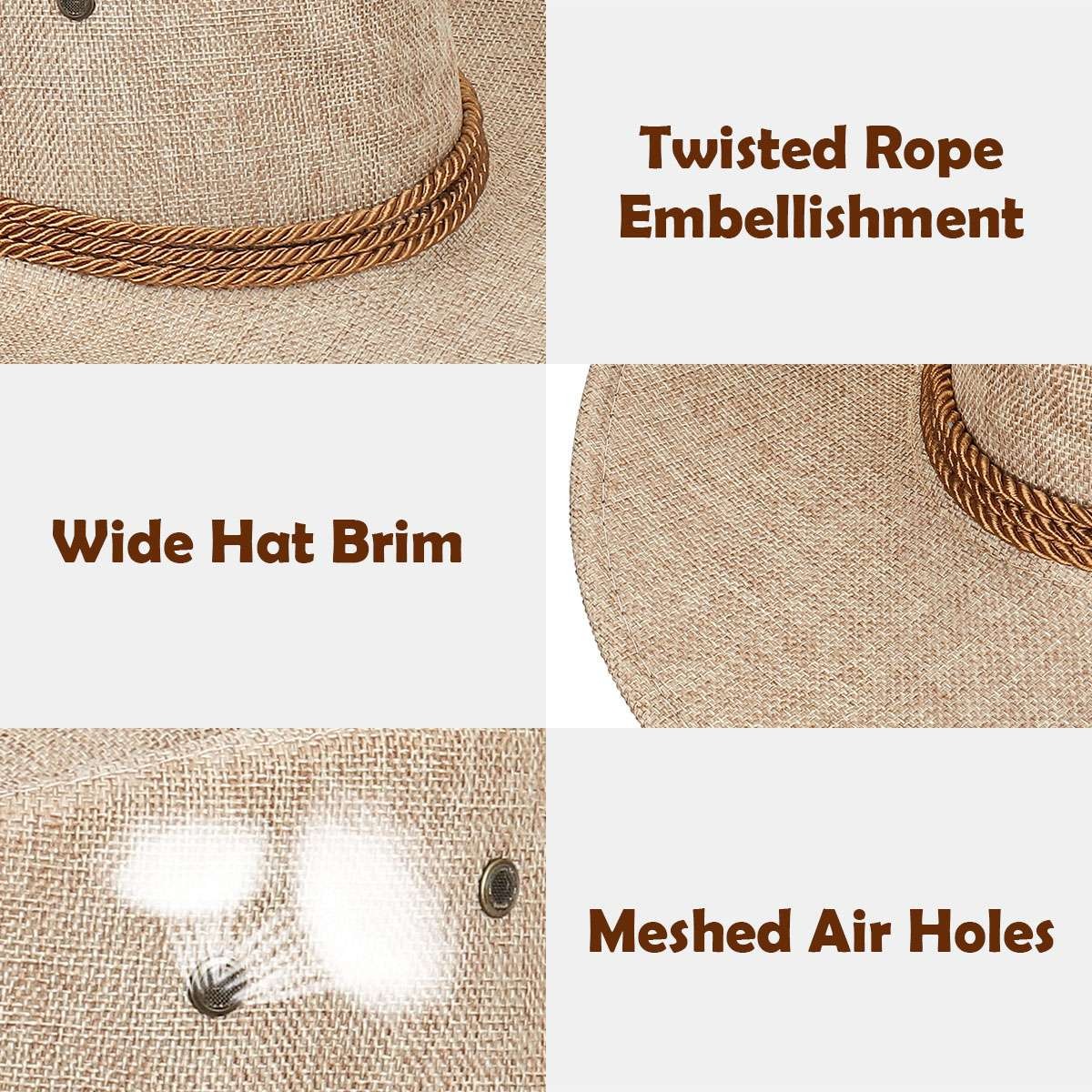 Mens Summer Bucket Cap Cowboy Fedora Hat Wide Brim Linen Straw Mesh Outdoor Hats