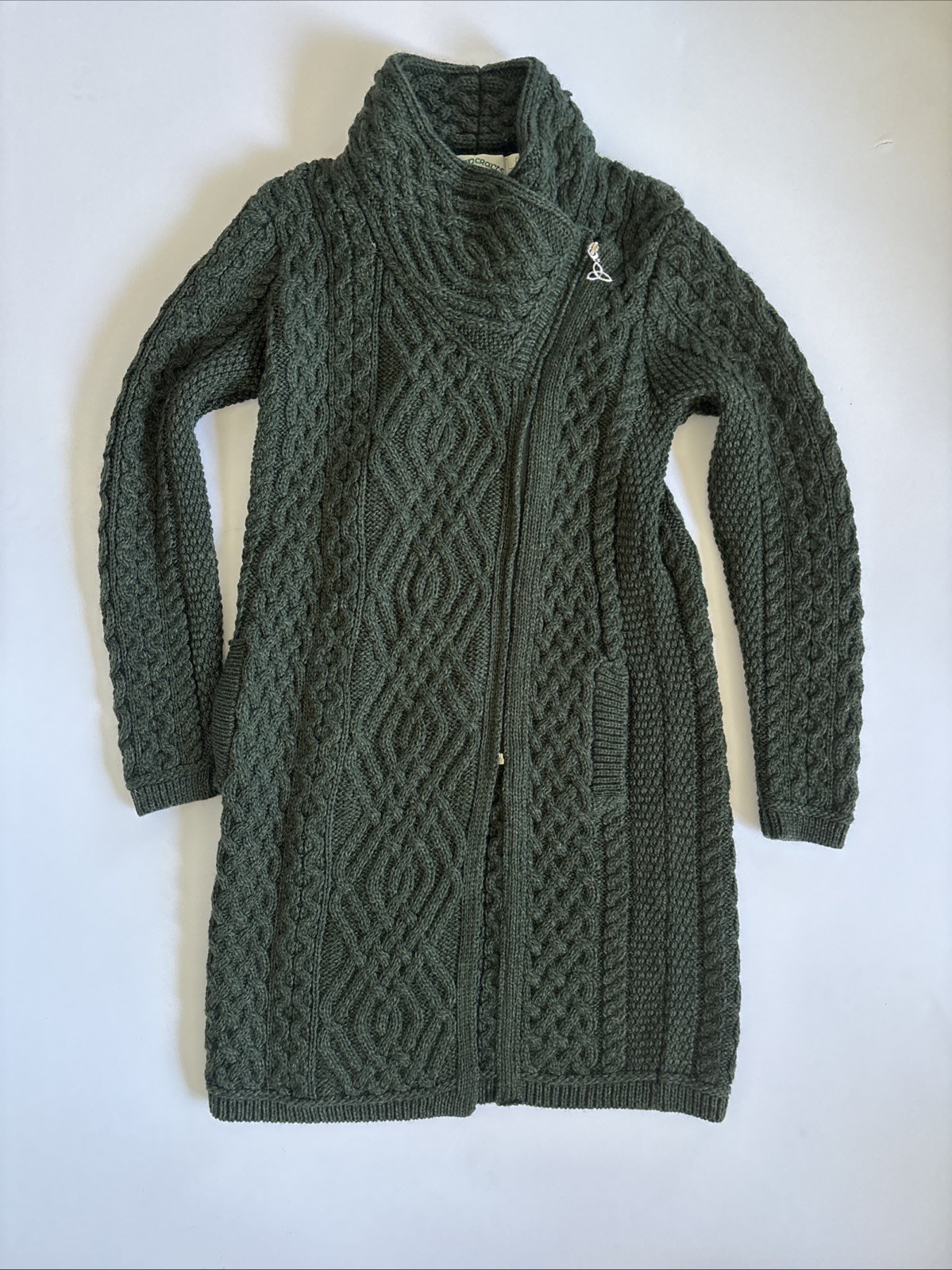 Aran Crafts merino wool cardigan Sweater Coat Side Zip Long Green Small