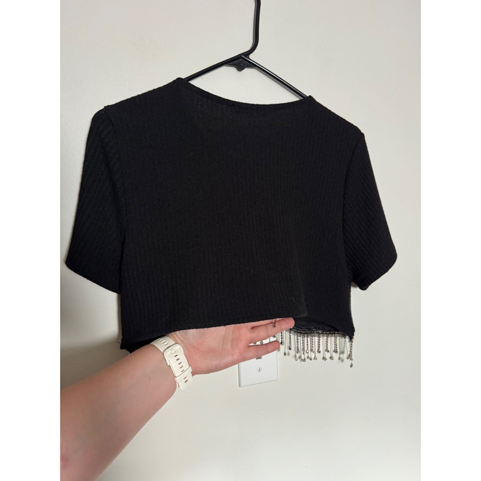 Festival Boho Black Ribbed Rhinestone Fringe Crop Top Short Sleeve XL