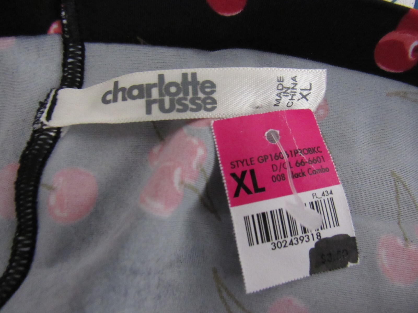 Charlotte Russe Women’s Black w/ Red Cherries Embroidered Cut Panty Size: XL New