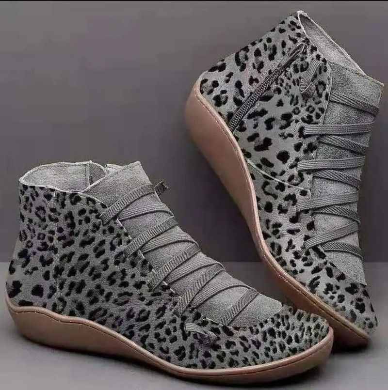 Women’S Leopard Print Ankle Boots Wedge Winter Warm Casual Flat Booties