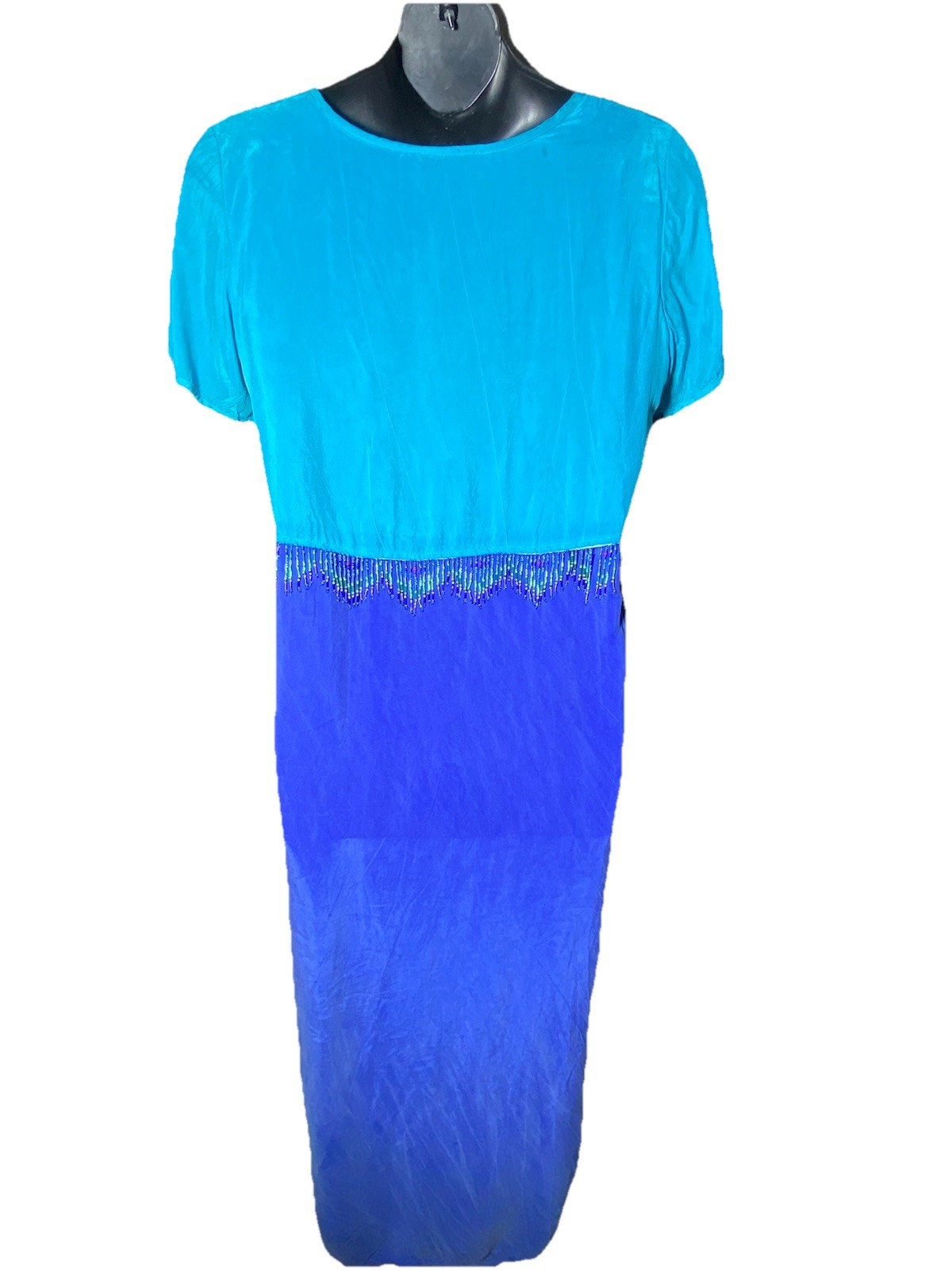 Earth Song Teal Blue Size 14 Beaded Waist Trim Maxi Dress 90s 80s 100% Bemberg