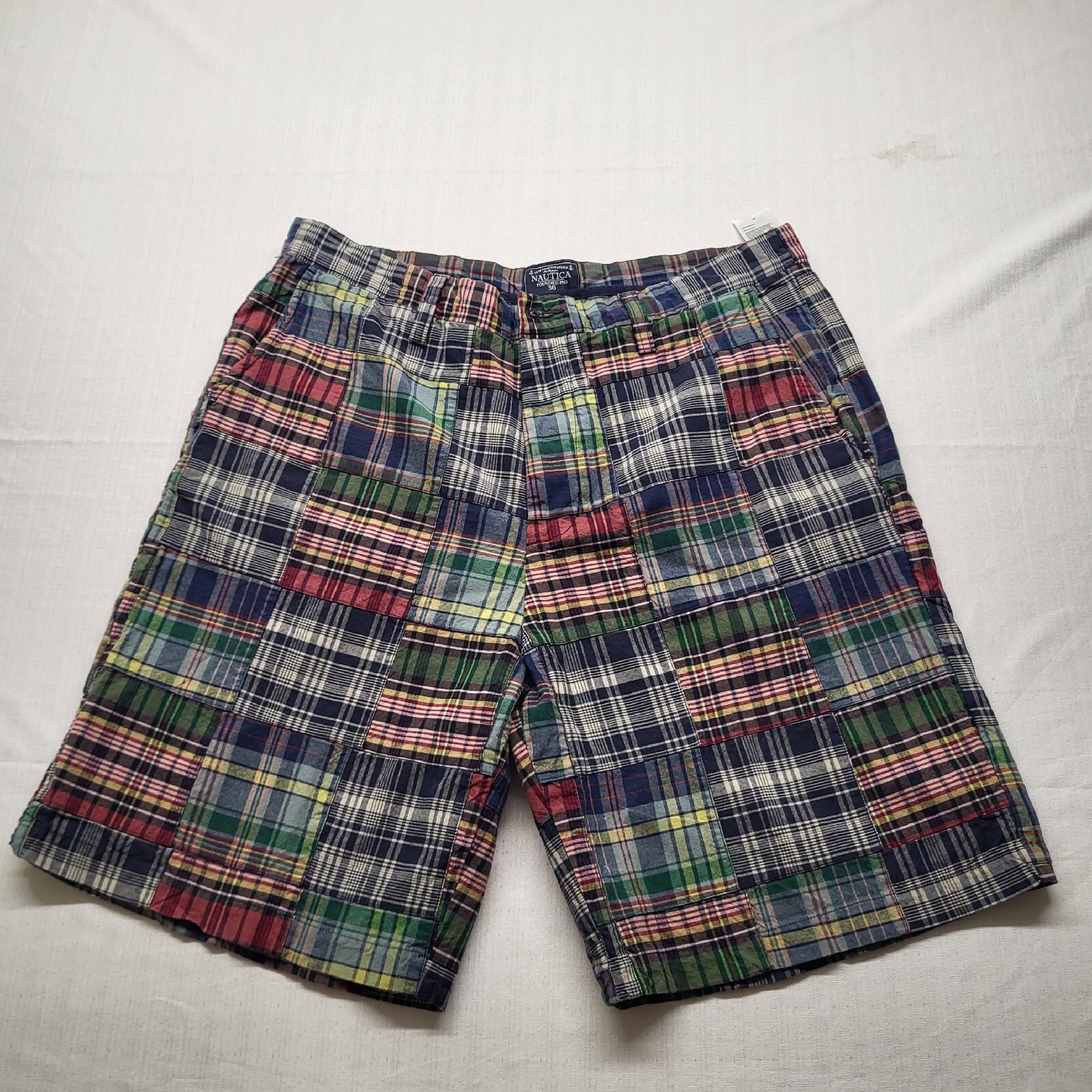 Nautica Shorts Mens 34 9 Inch Madras Plaid Patchwork Cotton India Flat Front