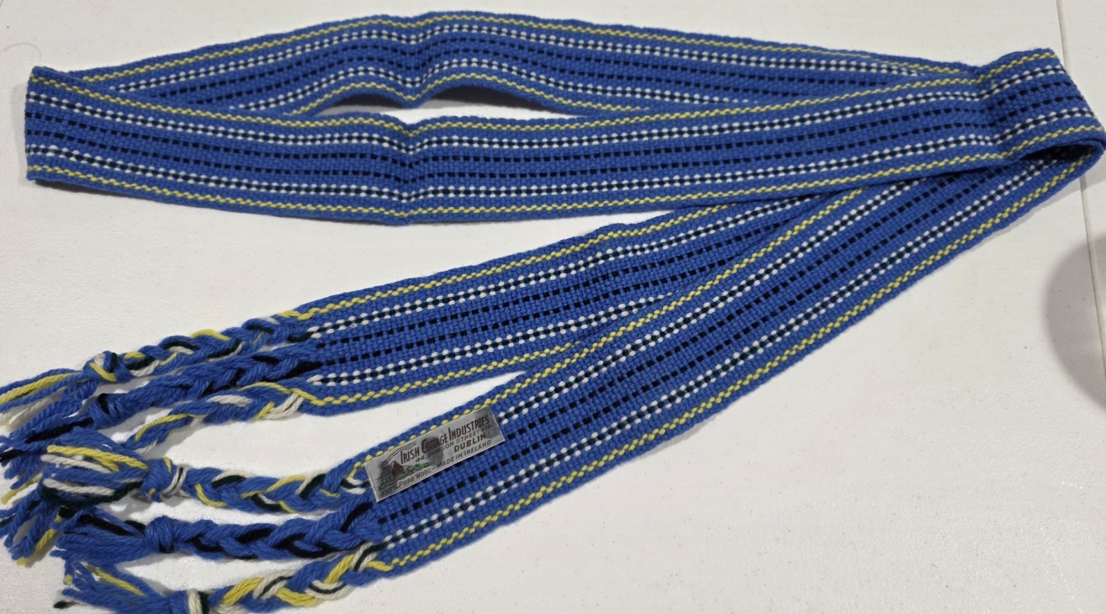 Irish Cottage Industries Woven Blue-Yellow-Scarf/Belt- Pure Wool-Dublin Ireland