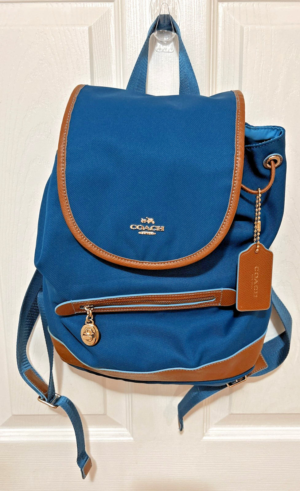 Coach Sawyer Backpack 37240 Canvas Nylon Leather Bright Mineral Blue Drawstring