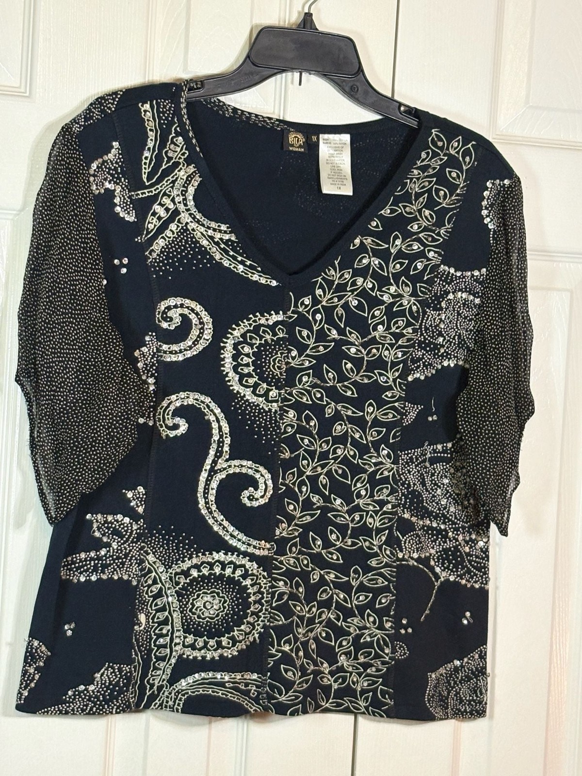 Bila Woman’s Black Navy Blue Sequin Embellished Paisley Floral V-Neck Top