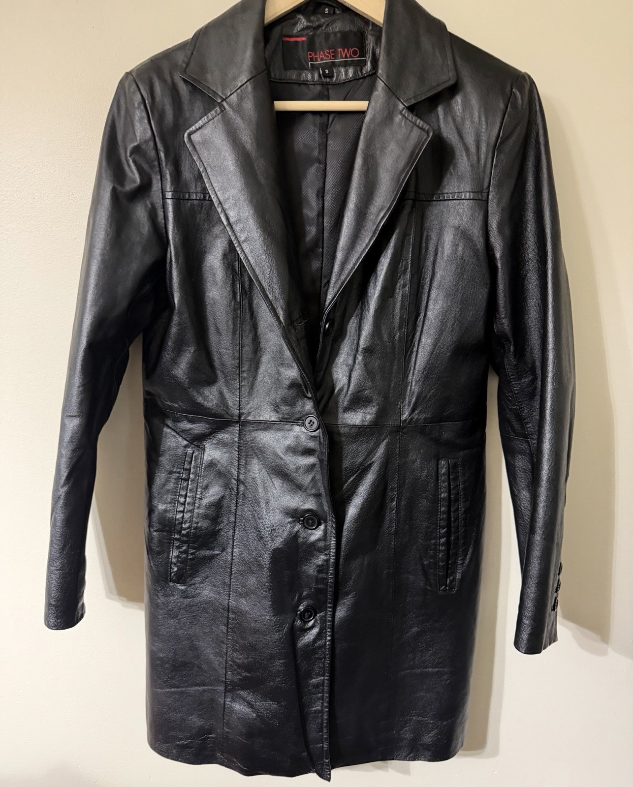Vintage Phase Two Black Leather Long Duster Jacket Blazer Small